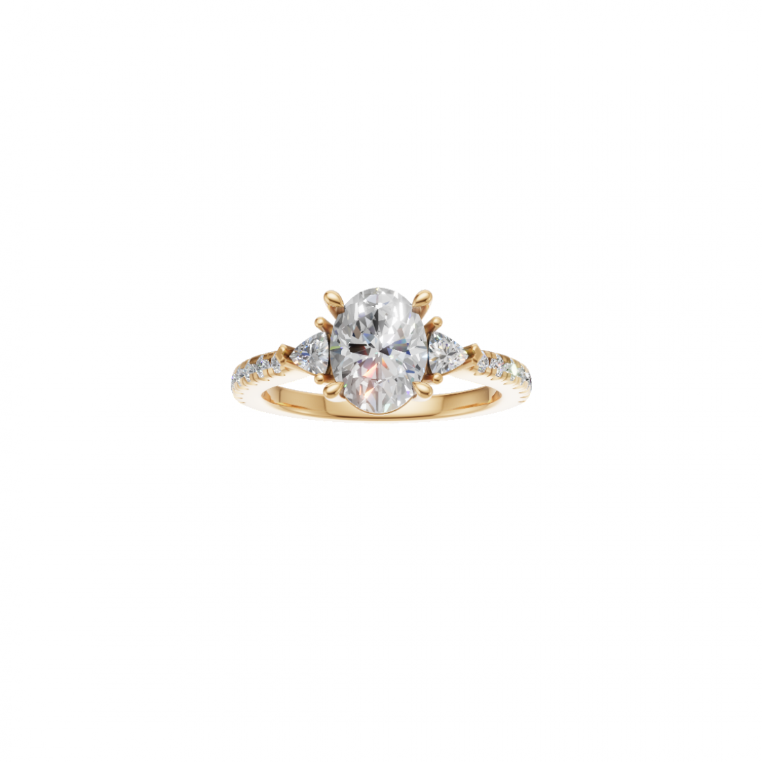 Three Stone Oval and Trillion Cut Diamond Ring with Side stones