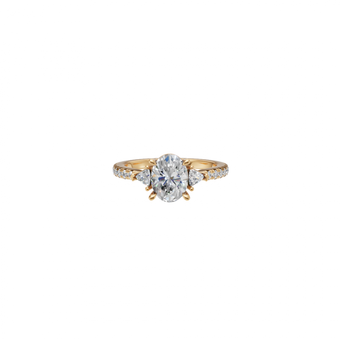 Three Stone Oval and Trillion Cut Diamond Ring with Side stones