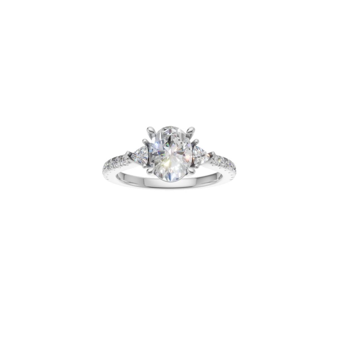 Three Stone Oval and Trillion Cut Diamond Ring with Side stones