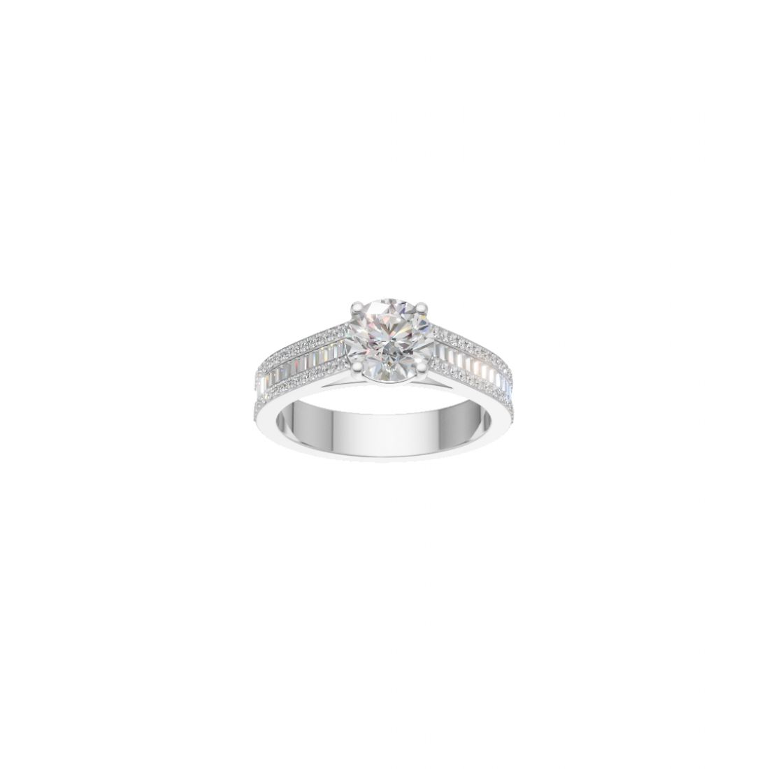 Round Solitaire Diamond Ring with Triple Row of Side Round and Baguette Diamonds