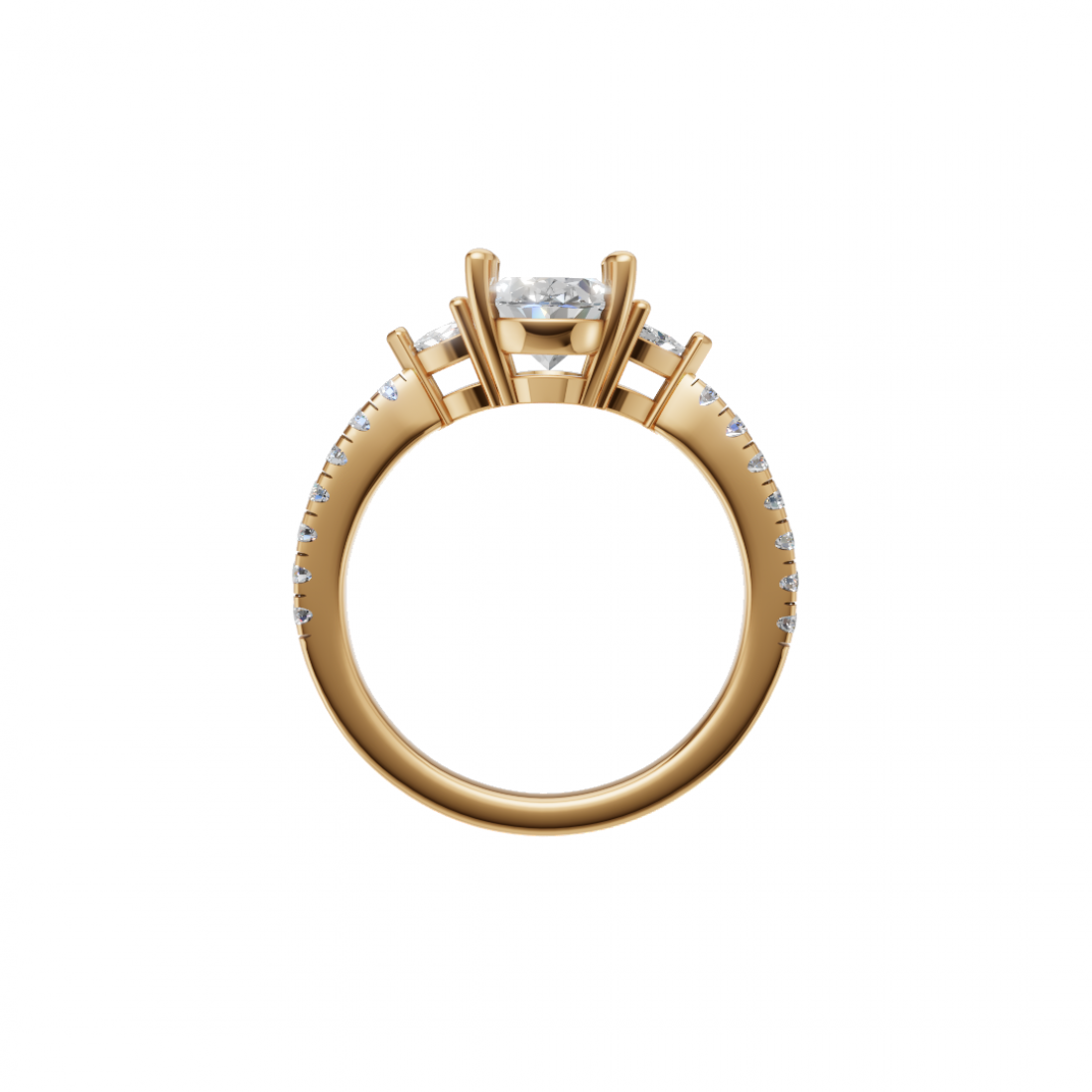 Three Stone Oval and Trillion Cut Diamond Ring with Side stones