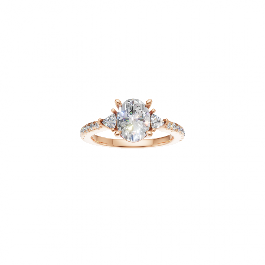 Three Stone Oval and Trillion Cut Diamond Ring with Side stones