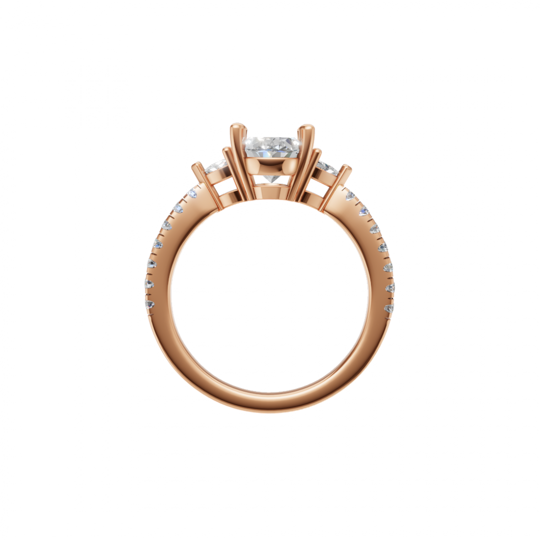 Three Stone Oval and Trillion Cut Diamond Ring with Side stones