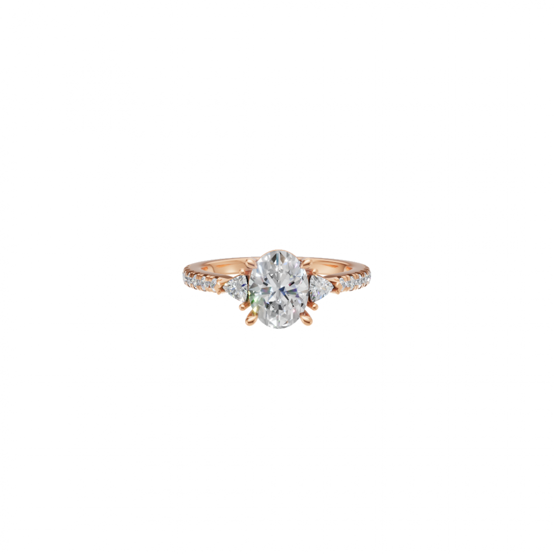 Three Stone Oval and Trillion Cut Diamond Ring with Side stones