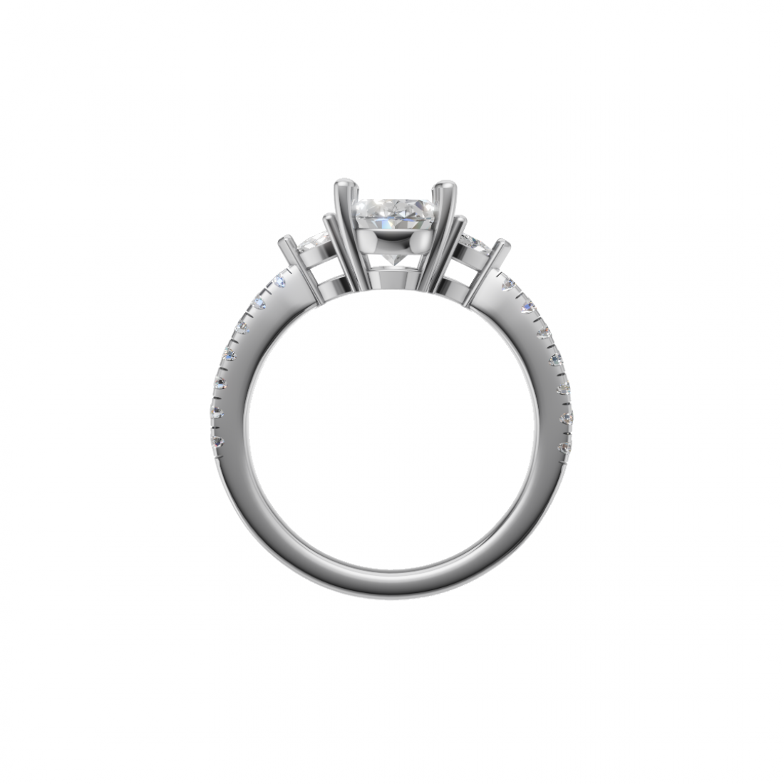 Three Stone Oval and Trillion Cut Diamond Ring with Side stones