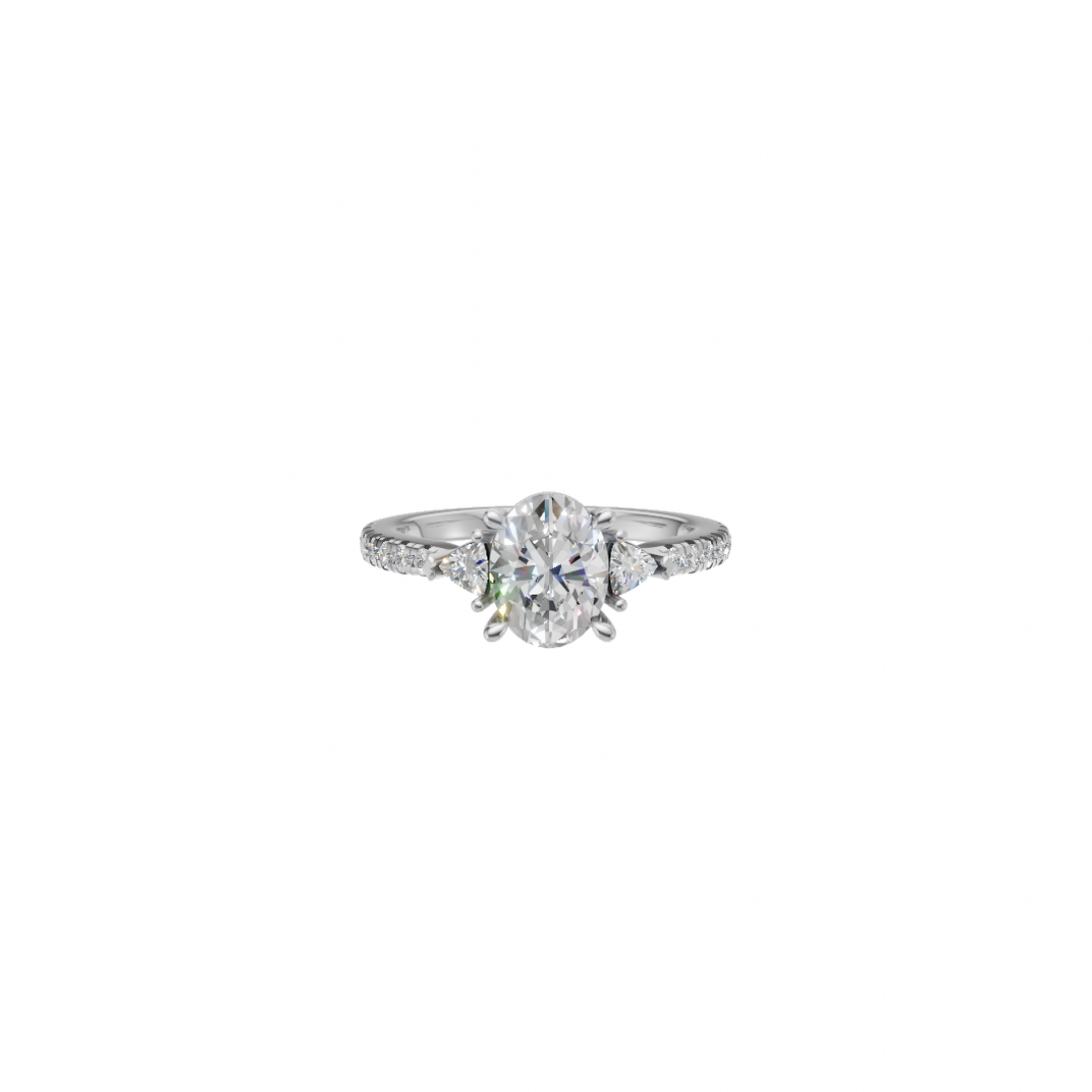 Three Stone Oval and Trillion Cut Diamond Ring with Side stones