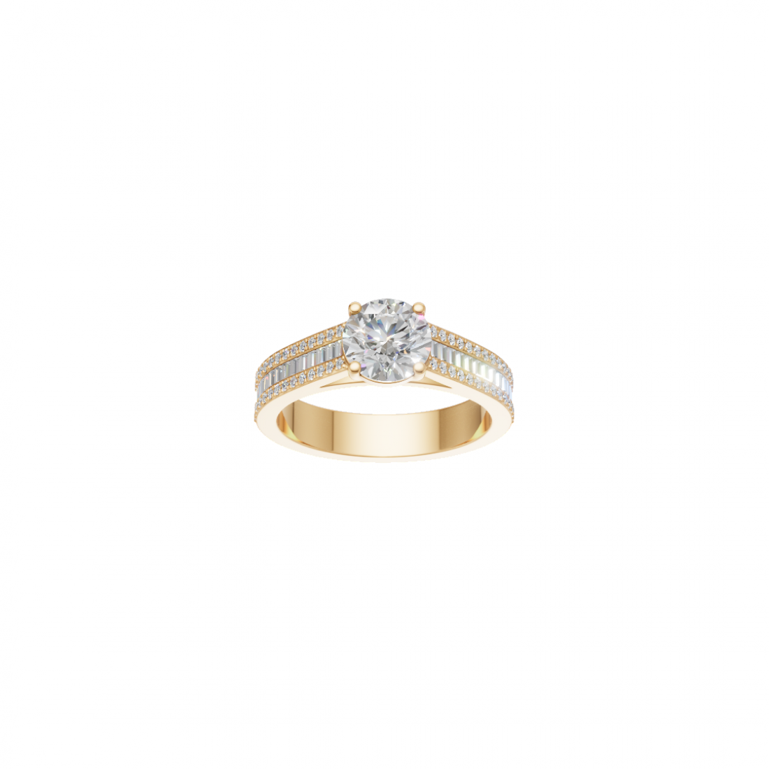 Round Solitaire Diamond Ring with Triple Row of Side Round and Baguette Diamonds