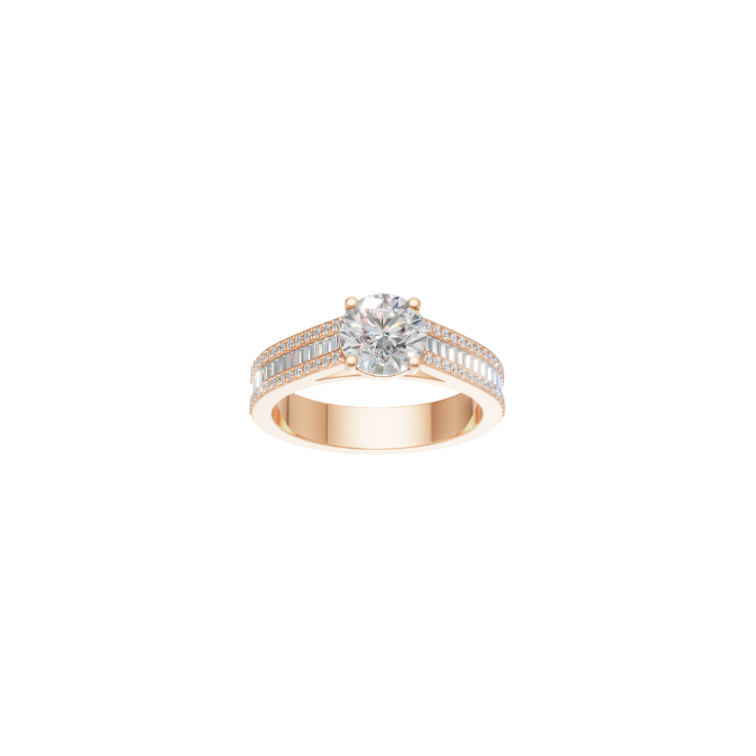 Round Solitaire Diamond Ring with Triple Row of Side Round and Baguette Diamonds