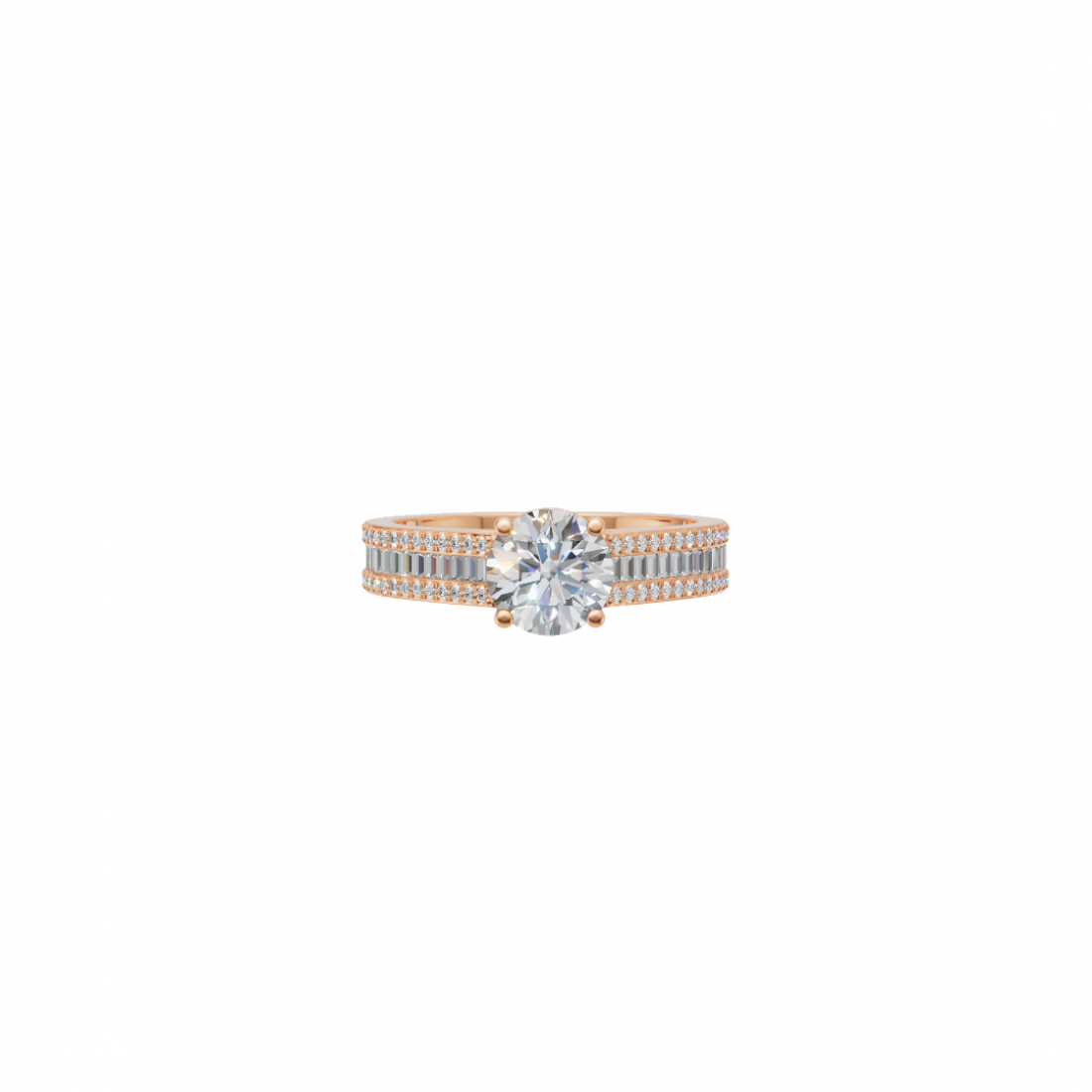 Round Solitaire Diamond Ring with Triple Row of Side Round and Baguette Diamonds