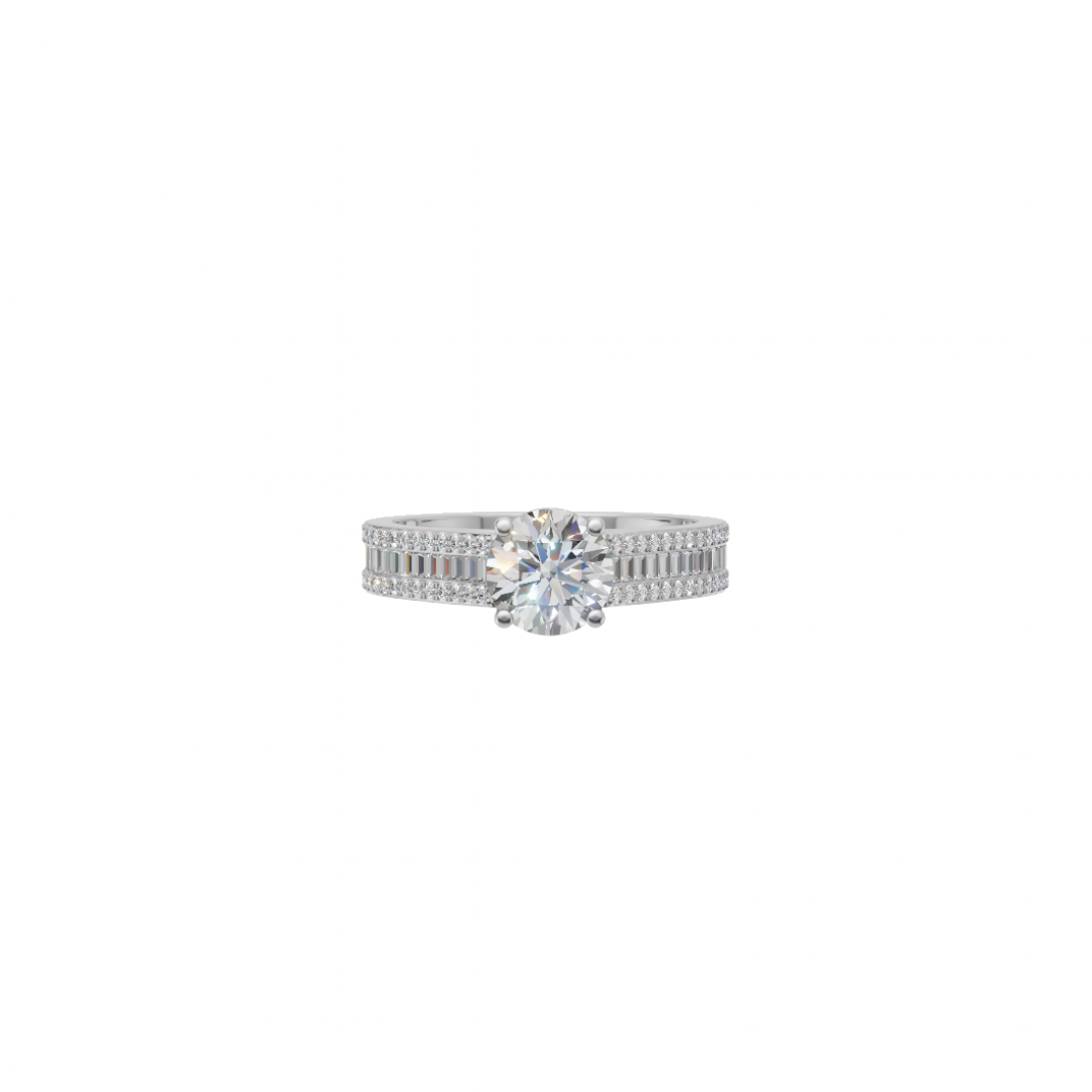 Round Solitaire Diamond Ring with Triple Row of Side Round and Baguette Diamonds